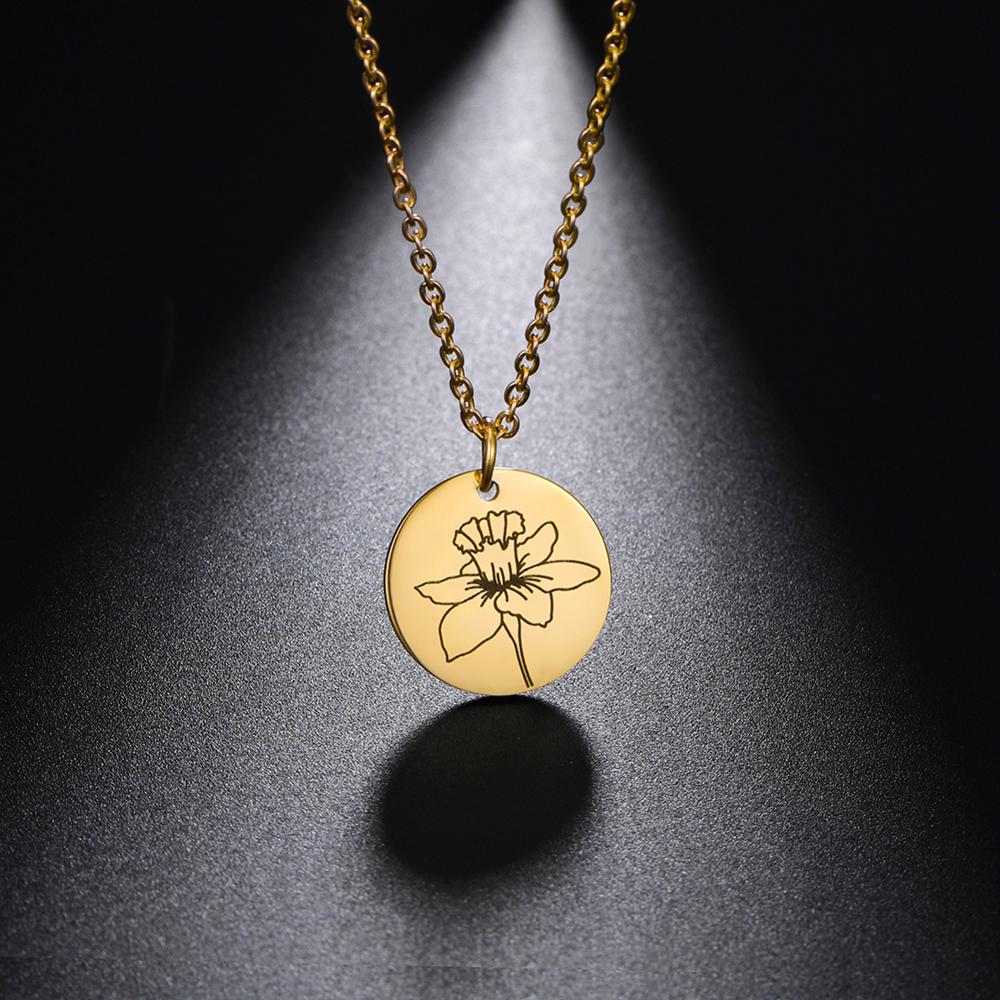 Teamer Stainless Steel Birth Month Flower Necklace Custom Name Round Pendant Necklace for Women Special Valentine Jewelry Gift