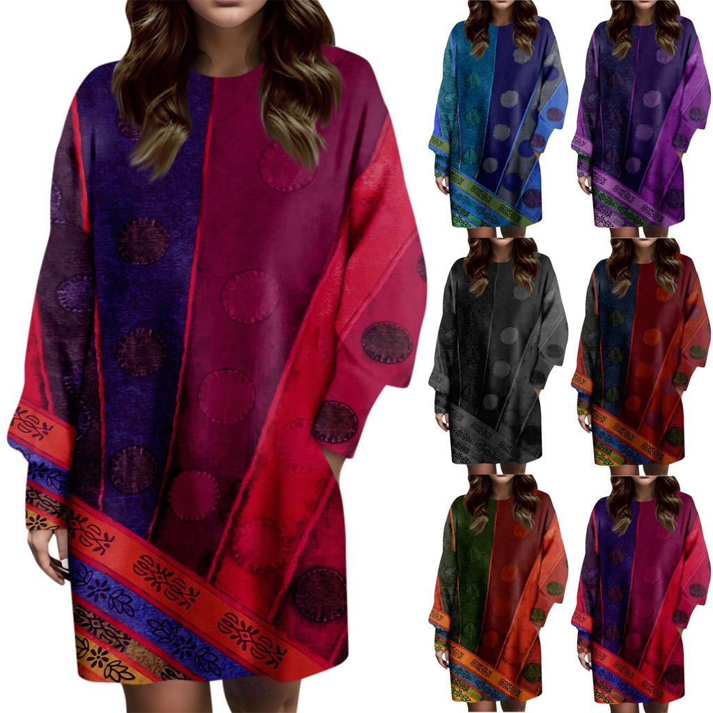 Women's Fashionable Ethnic Style Printed Round Neck Loose Fitting Long Sleeved Dress