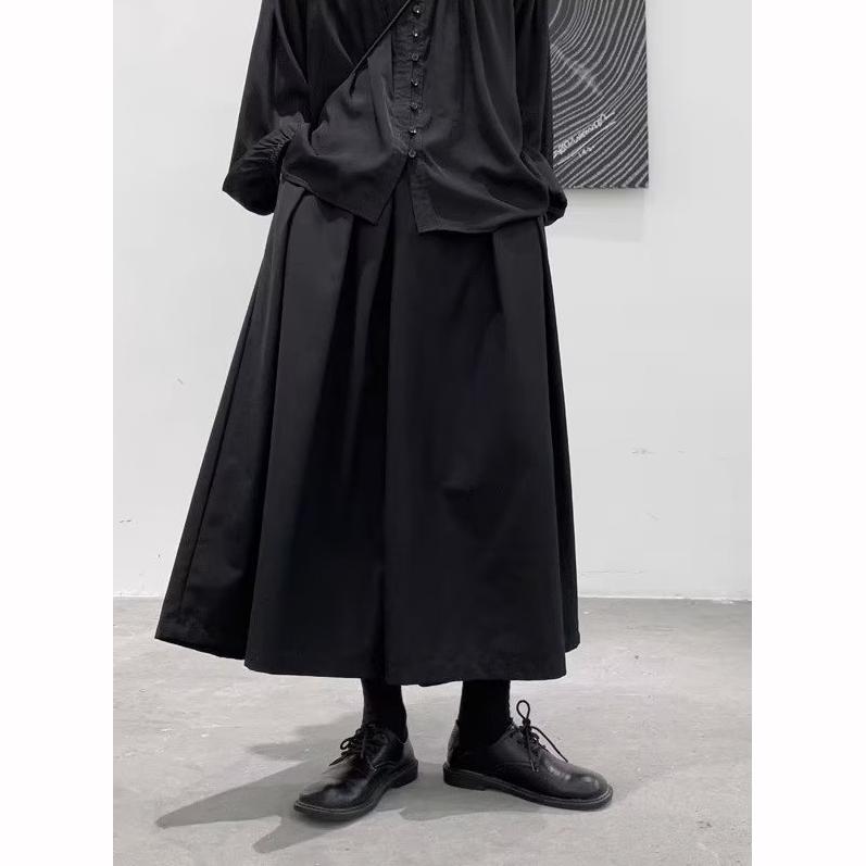 Herren Weitbein Hose Gothic Dunkler Stil Locker Cropped Hakama High Waist Neun Punkt Gerades Bein Hose Samurai