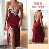 Source Women's Sexy Dark V Multi-color Loungewear Lace Splicing Satin Long Split Suspender Nightdress 119