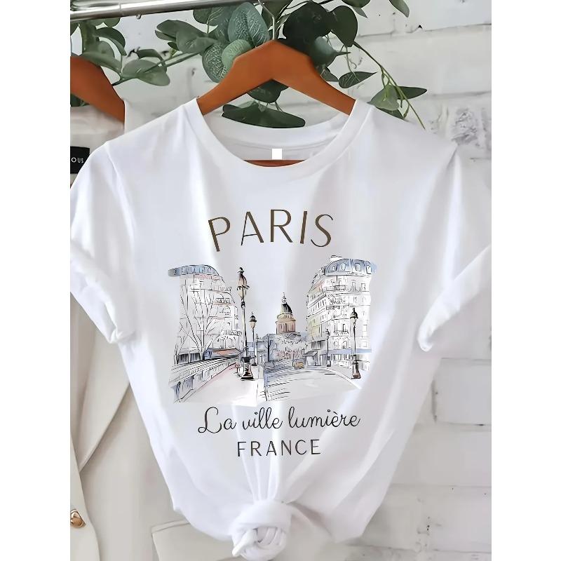90er T-Shirt Paris Damen Print T-Shirt Mädchen Kurzarm Rundhals Lässiges Oberteil für Sommer Frühling Damenbekleidung