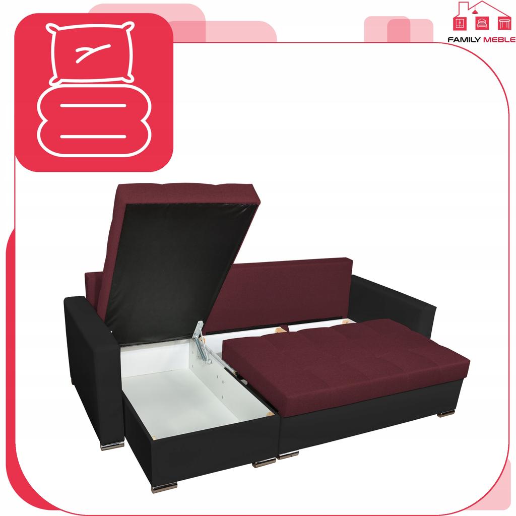 Narożnik Figo rozkładany z funkcją spania rogówka Family Meble czarny bordo
