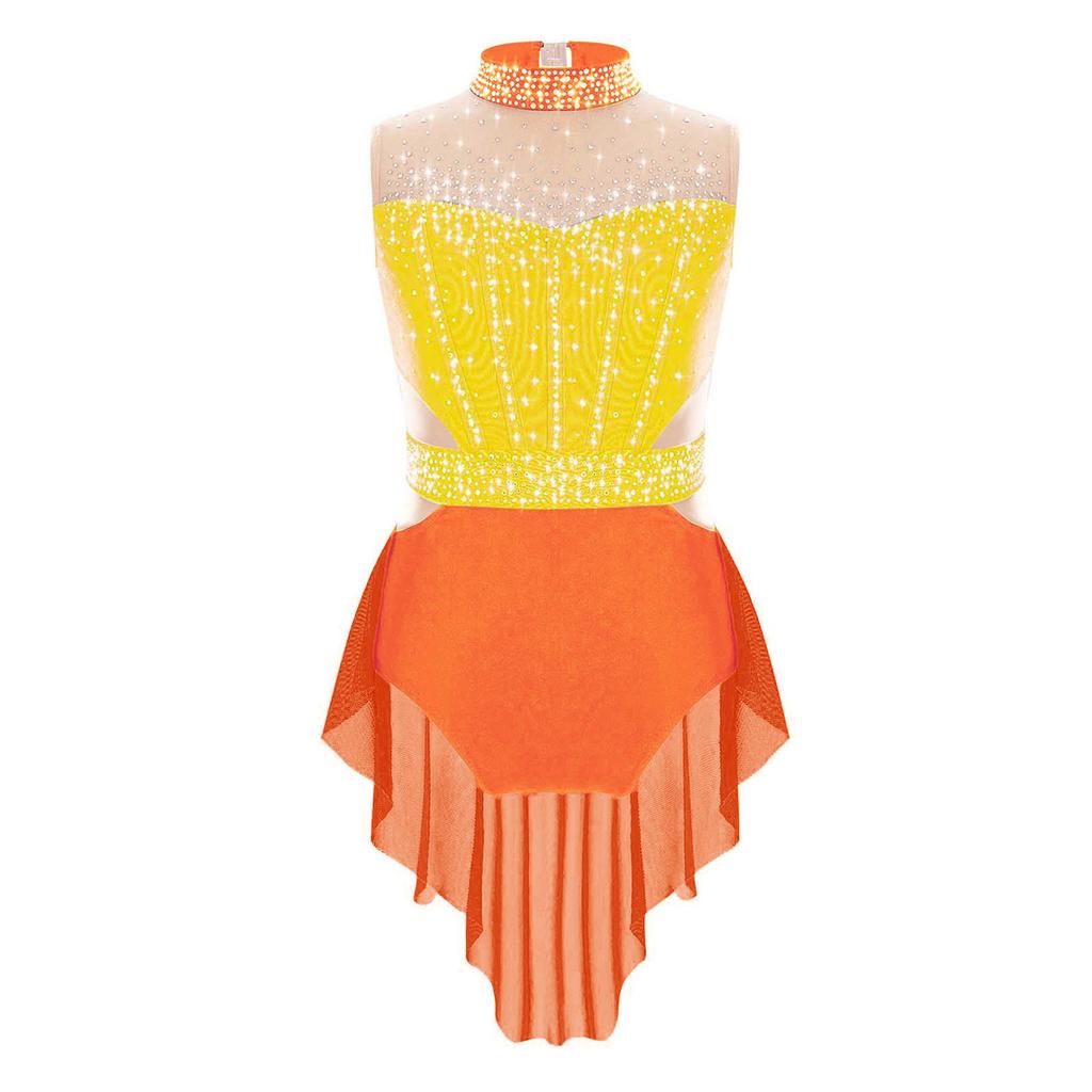 Girls Mock Neck Sleeveless Shiny Rhinestones Color Block Mesh Patchwork Skirted Leotard Lyrical Dance Costume