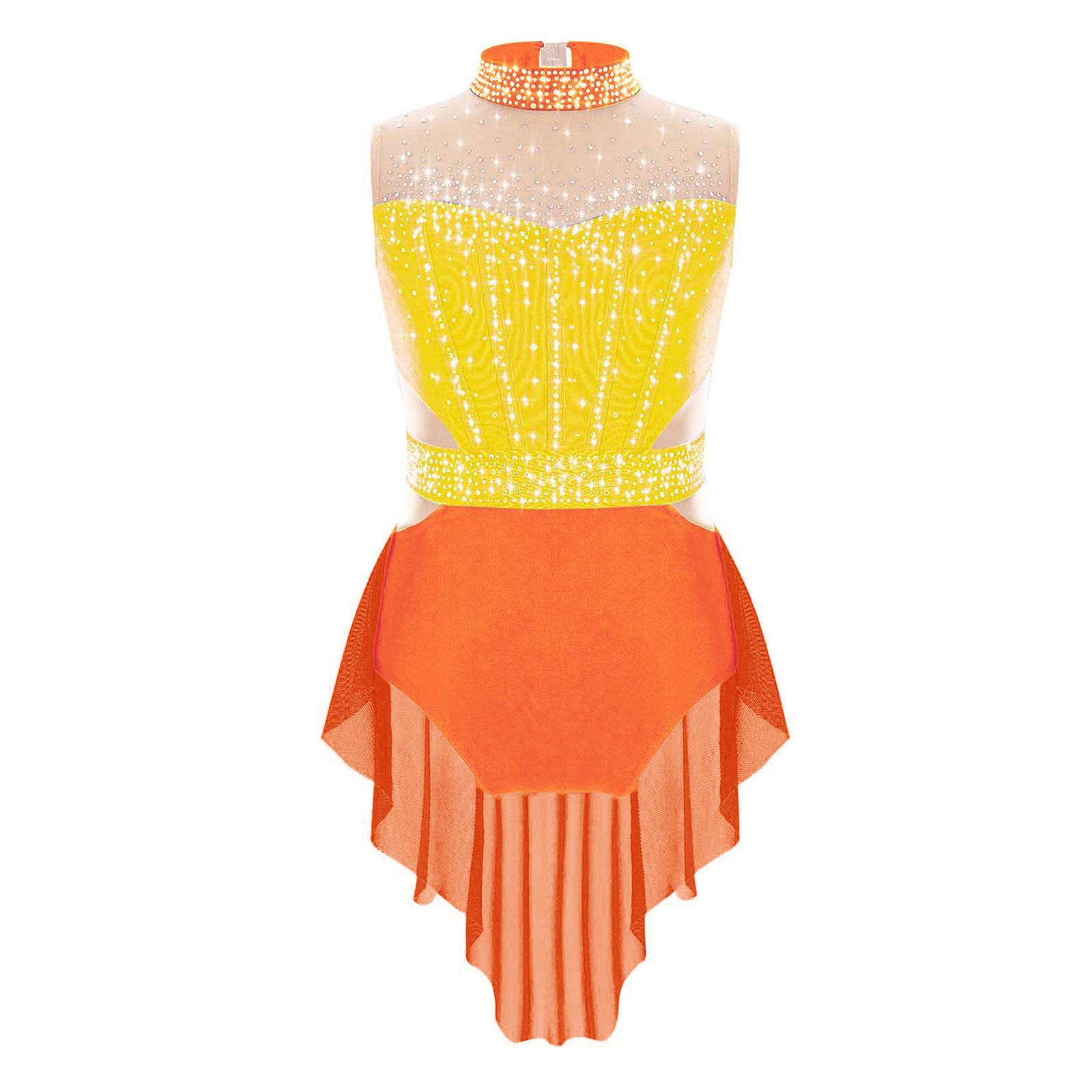 

Girls Mock Neck Sleeveless Shiny Rhinestones Color Block Mesh Patchwork Skirted Leotard Lyrical Dance Costume 5-6 Years помаранчевий