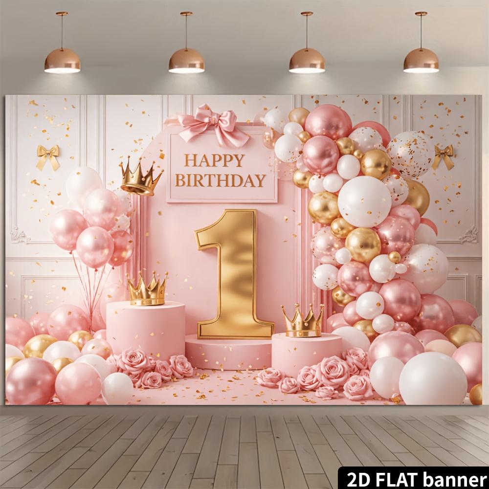 1Pcs 1st Birthday Pink Golden Balloons Decoration Background Backdrop For Photo Studio Photo Booth Party
