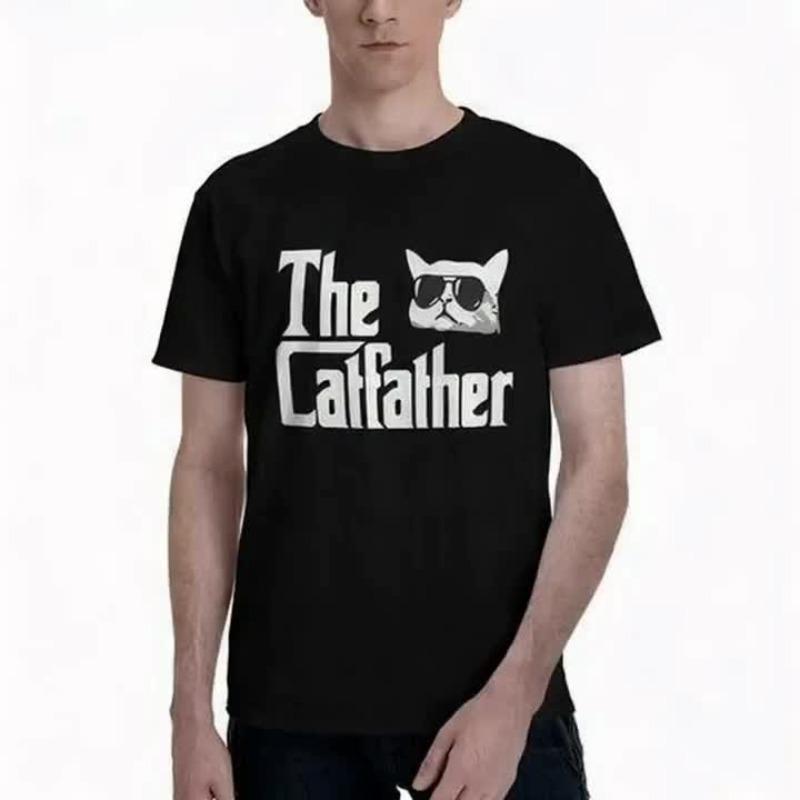 European Sizes Men's Large Cat Dad T-Shirt - Funny Cat Paw Print & Dad Lettering, Elastic Crew Neck Short Sleeve Tee