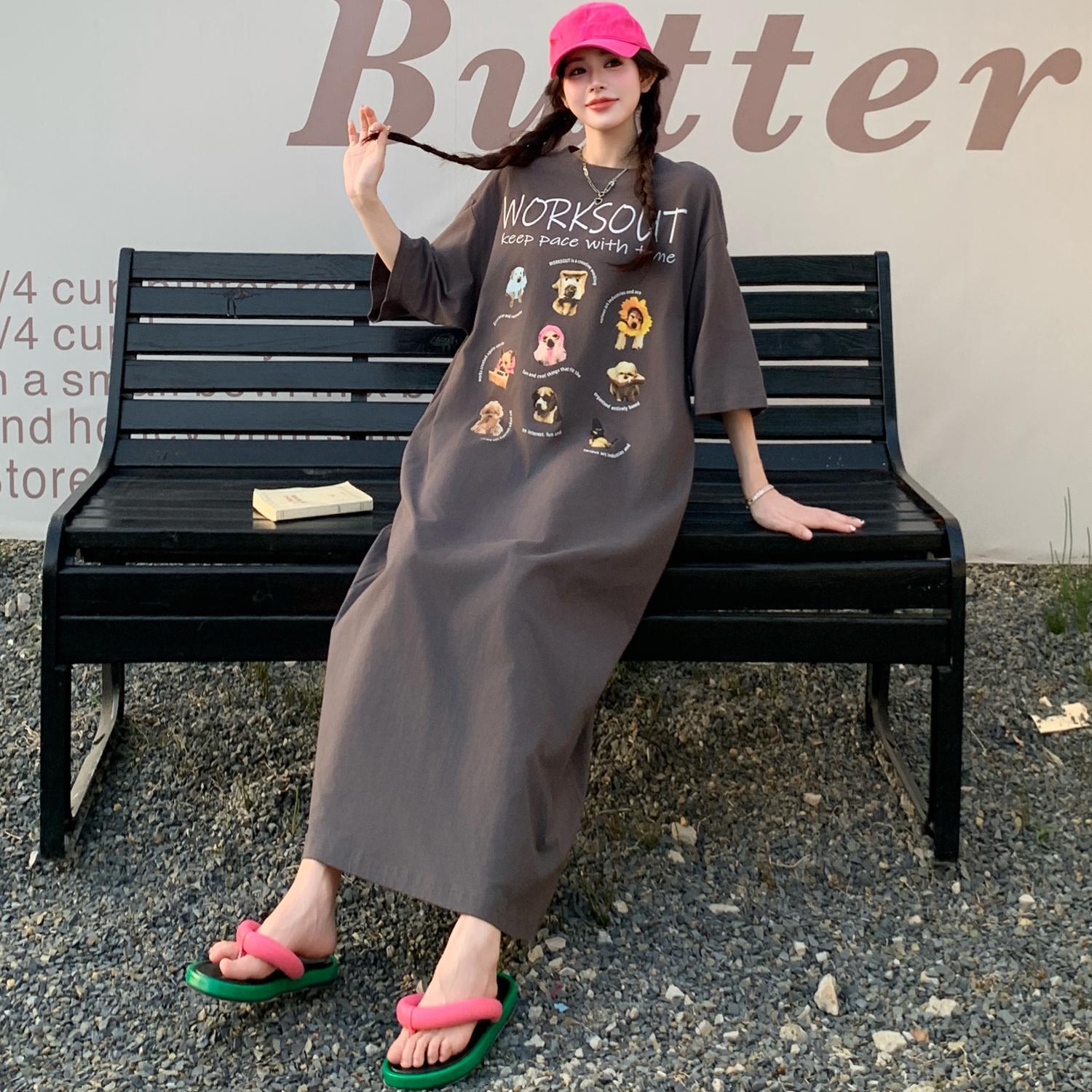 

DIMANAF Летнее женское платье больших размеров Свободное 2025 Винтажное платье Базовое длинное Повседневное С принтом Рубашка-платье Макси 4XL серый