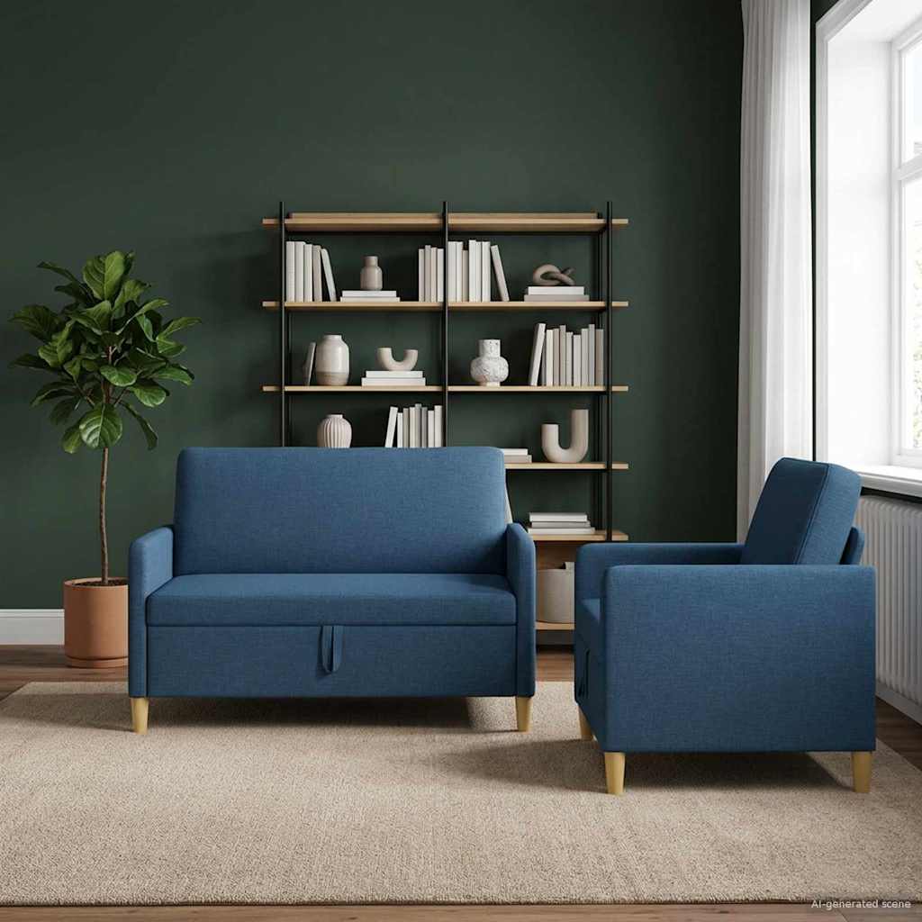 2 Piece Storage Sofa Set Blue Polyester
