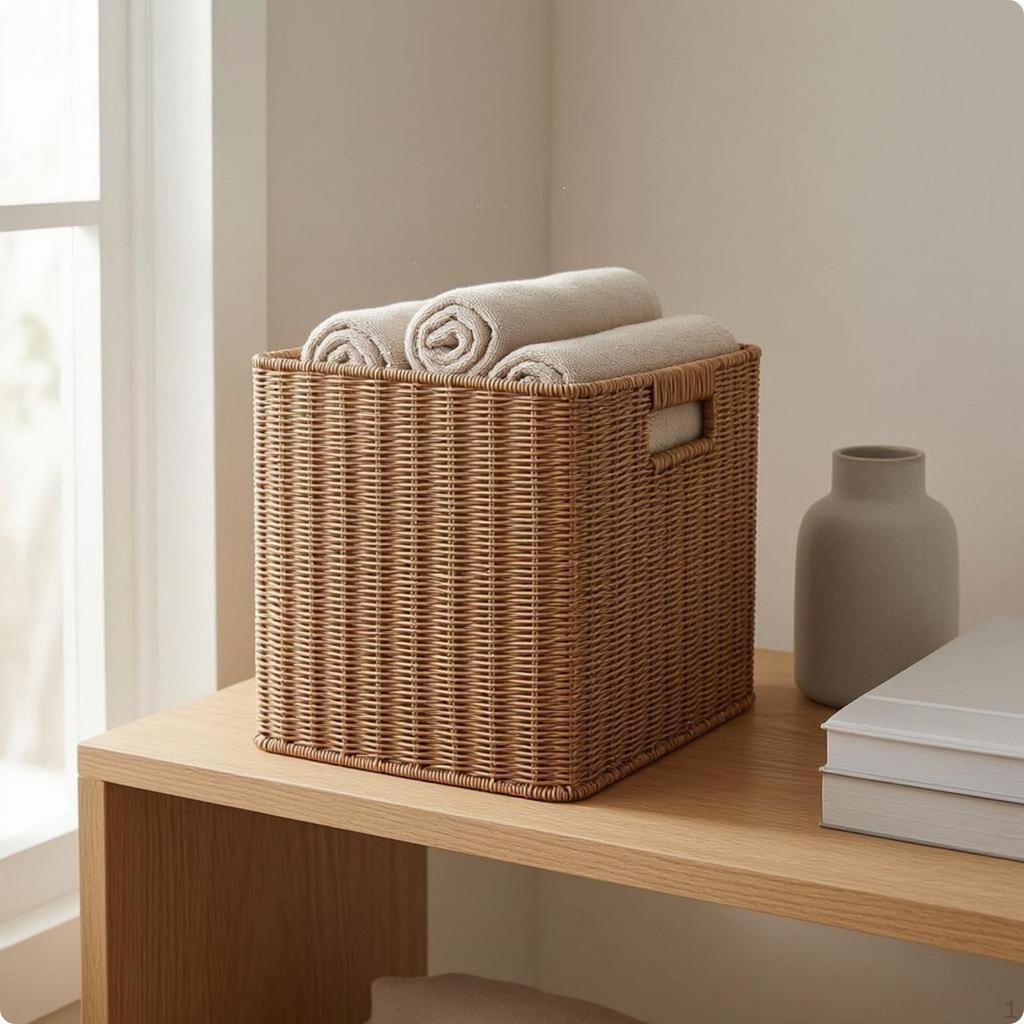 Cesto in Rattan con Apertura Superiore Manici Ritagliati Rettangolari Marrone Chiaro 35x26x18.5cm