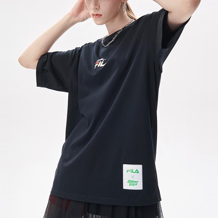 FILA Fusion x Jeremyville Collaboration Streetwear Skateboard Print Loose Fit Short Sleeve T-Shirt Unisex tops Deep-Black T11U139103FBK