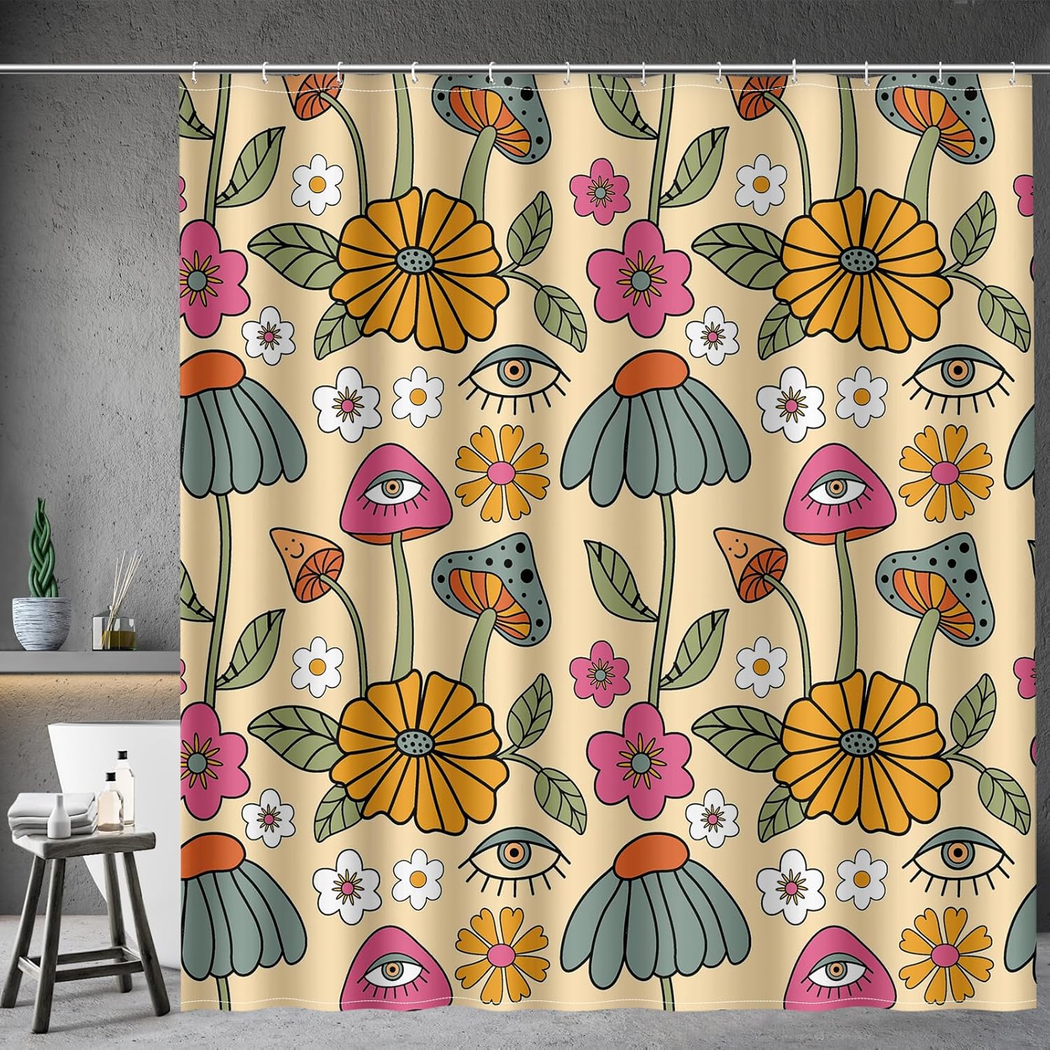 

Aimego Boho Mushroom Shower Curtain - 60s 70s Retro Bohemian Flowers Eyes Floral Fabric Cloth Bath Shower Curtain Set with 12 Ho 90x180cm