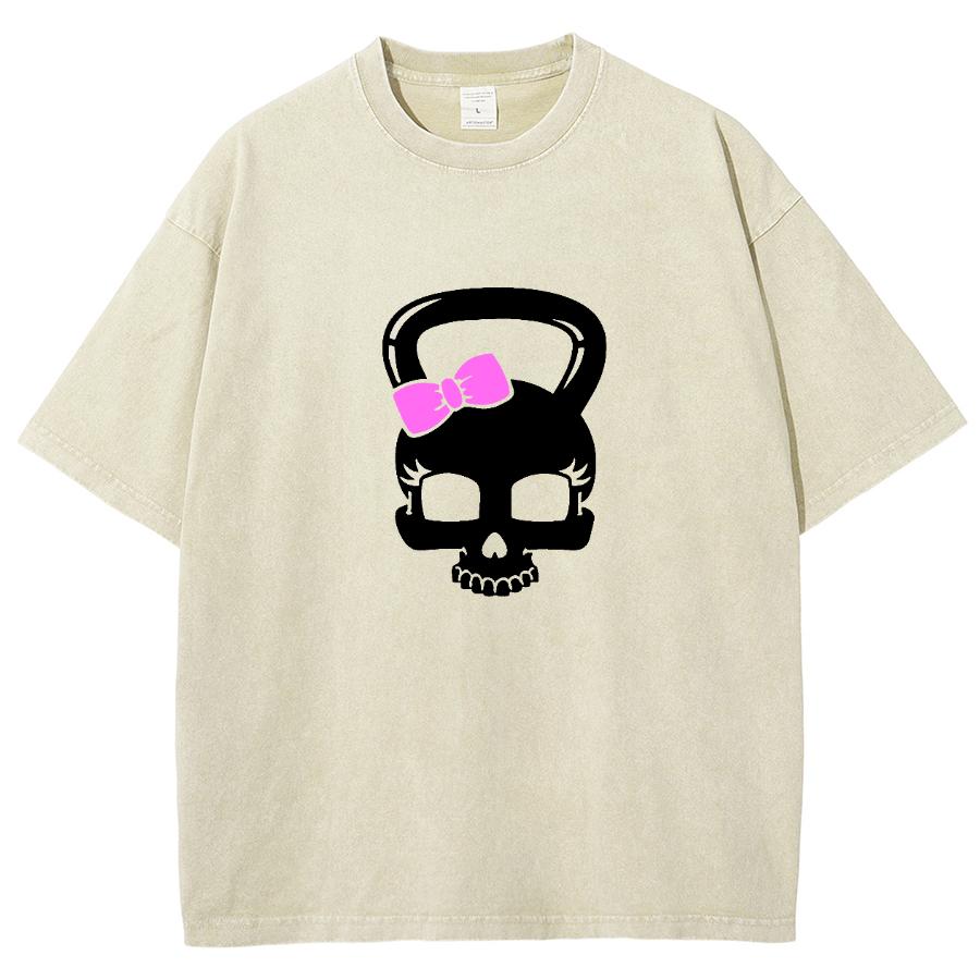 Colourful Old Washed Short-sleeved T-shirt Loose Skull Weird Bow Cute Street American Vintage Trend Leisure