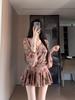 Plus Size French Retro V-neck Gradient Chiffon Dress - Waist-Cinching Pleated Short Skirt