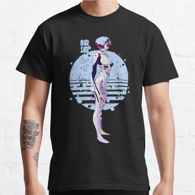 Plus Size Anime Evangelion Printed Unisex T Shirts Round Neck Cotton Tops Summer Casual Black Tees