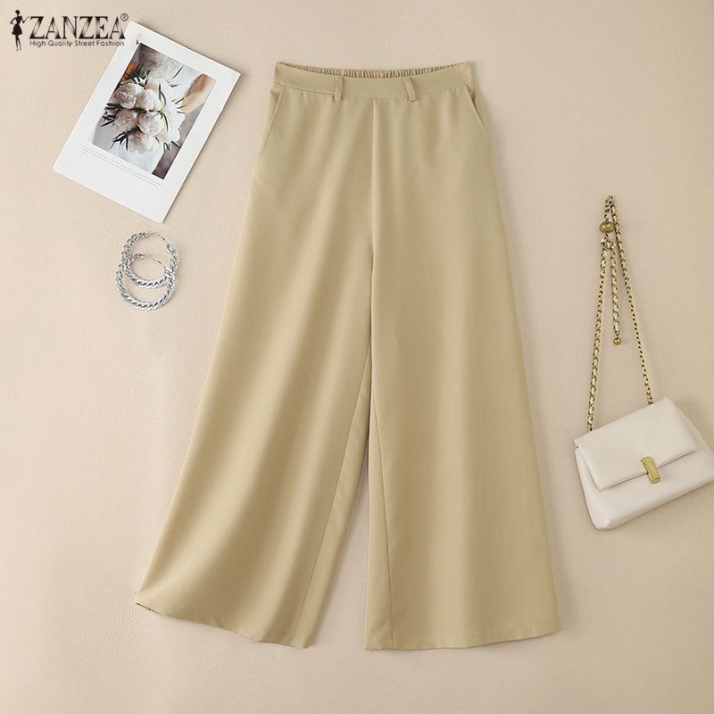 ZANZEA Women Casual Elastic Waist Loose Wide Leg Pants
