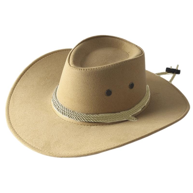 Modischer Western-Cowboyhut mit breiter Krempe und winddichtem Band, Vintage, einfarbig, Jazzhut, vielseitig kombinierbar für Freizeit und Urlaub