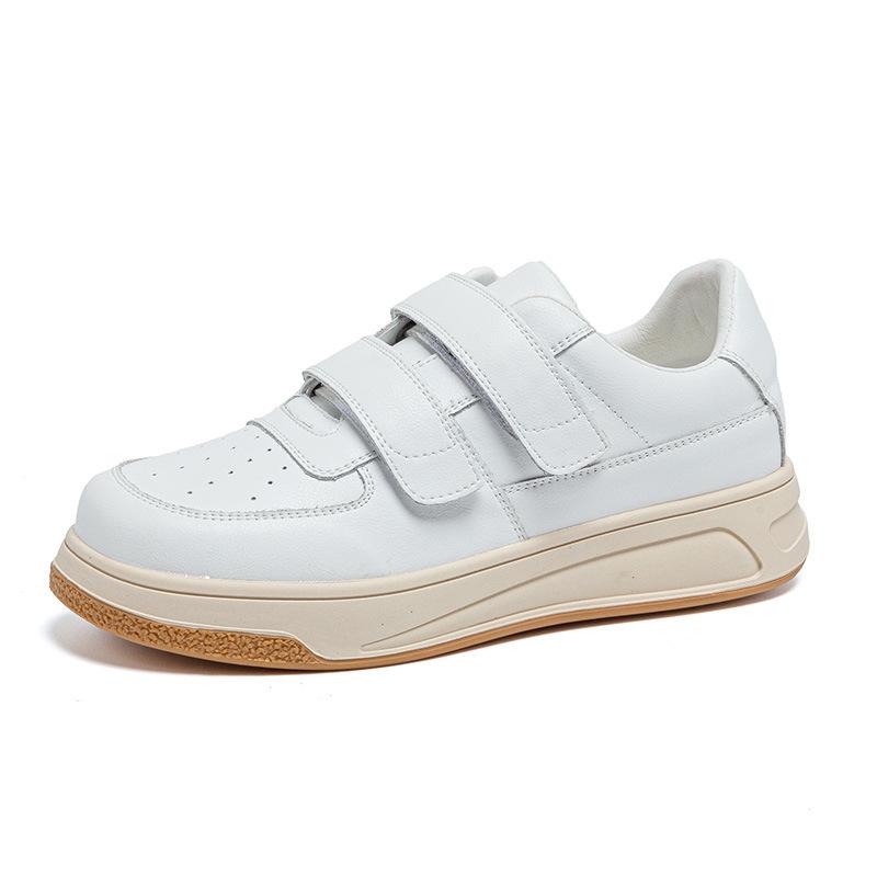 Women's White Platform Sneakers - 5cm Height Boost, Autumn Casual, Velcro, Thick Sole, Genuine Leather.
