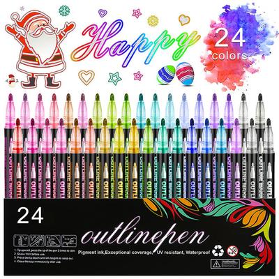 Dual-Tip Metallic Outline Pens Fluorescent Marker with Colorful Borders Smooth Tip Highlighters for Cards Crafts & Notes