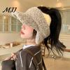 Thoughtful Gift for Besties Winter Visor Cap with Ear Flaps, Plush Beanies Brim, Open Top, Outdoor Sports Headwear Cute Cat Ears Warm Ponytail