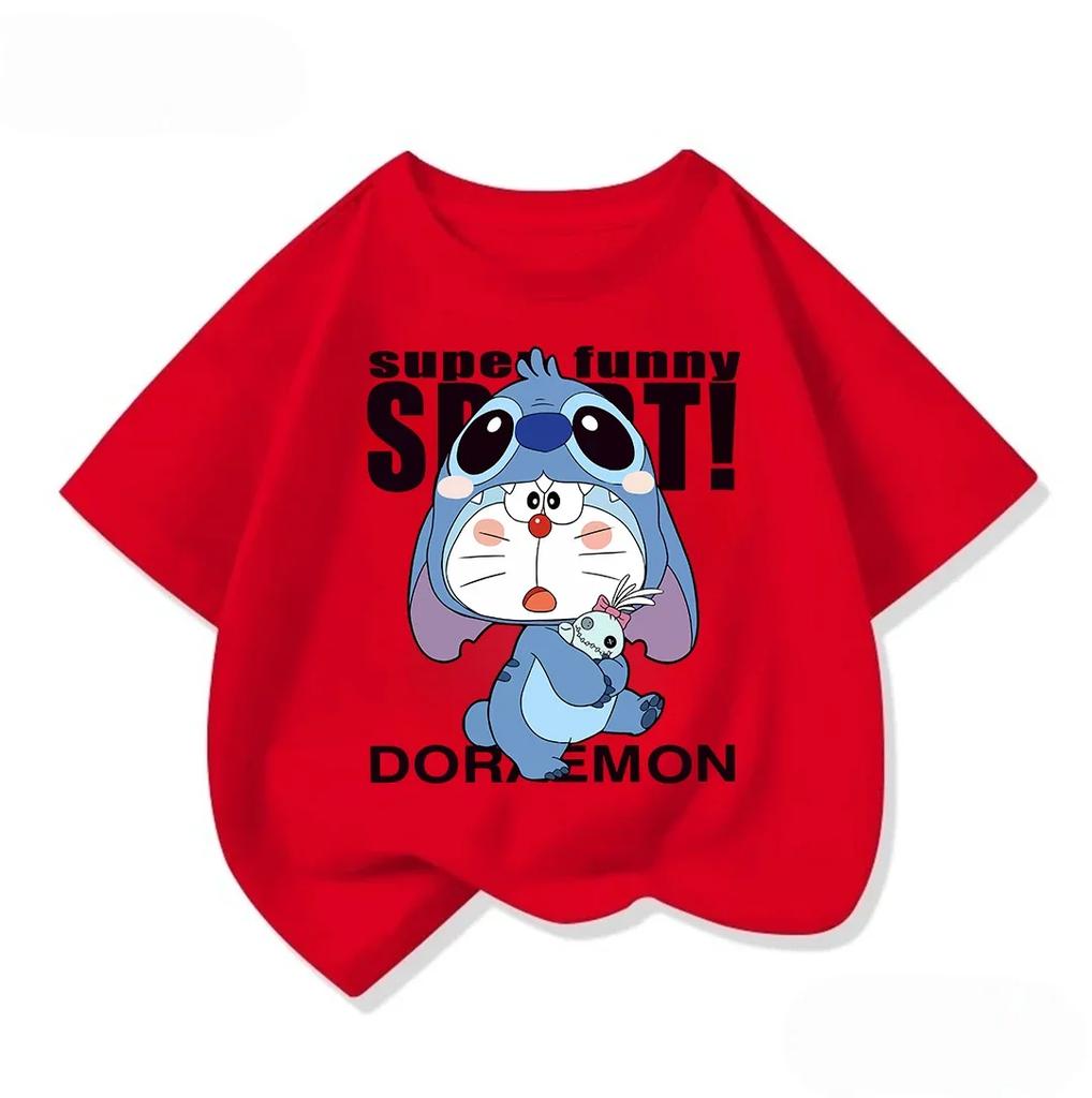 Cute Children Crew Neck T Shirt Summer Fashion Cartoon Print Trendy Street Casual Tops Doraemon Boys Girls Outfit 314Y