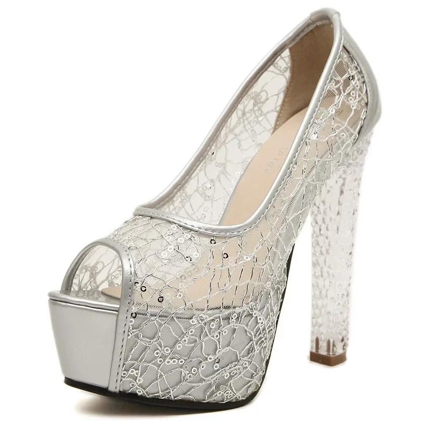 Fish Mouth Sandals New Fashion Summer Transparent Women Thick High Heel Crystal Shoes