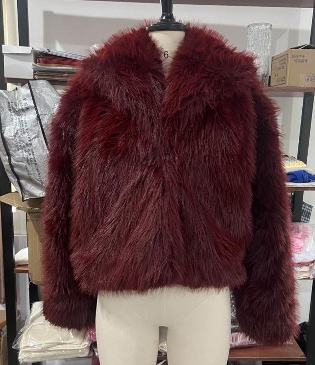 Burgundy Short Plush Fur Coat with Lapel - 2024 Autumn/Winter Collection