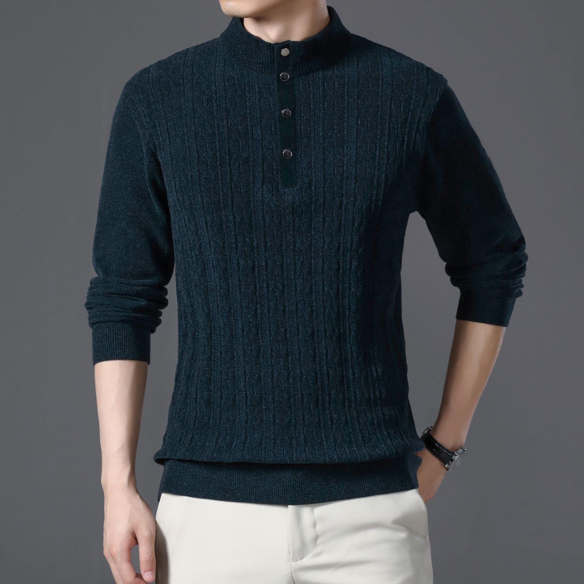 

Осенний новый трикотаж из синели, мужская мода, однотонный свитер с воротником-стойкой, длинный рукав, тонкий мужской свитер 4XL