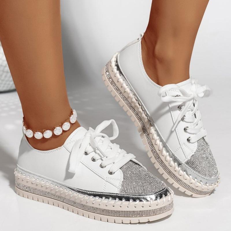 Fashion Fashion Car Stitch Colorblock Platform Single Shoes Fall New Round Toe Crystal Front Lace-Up Flat Sneakers