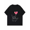 Casual Loose T Shirt Black Hand Sign Heart Print Graphic Tee Women Summer Fashion Top Daily Wear Street Style Outfit