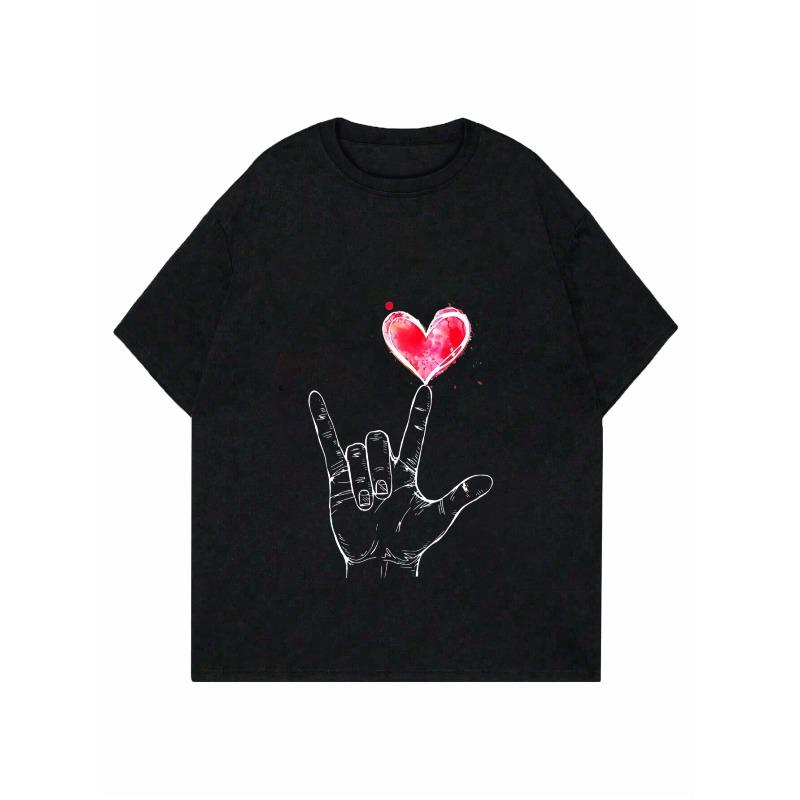Casual Loose T Shirt Black Hand Sign Heart Print Graphic Tee Women Summer Fashion Top Daily Wear Street Style Outfit