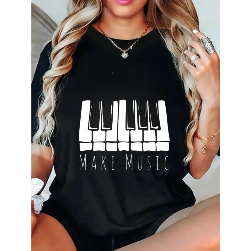 Oversized T Shirt Black Piano Keys Make Music Print Casual Wear For Women Music Lovers Streetwear Fashion