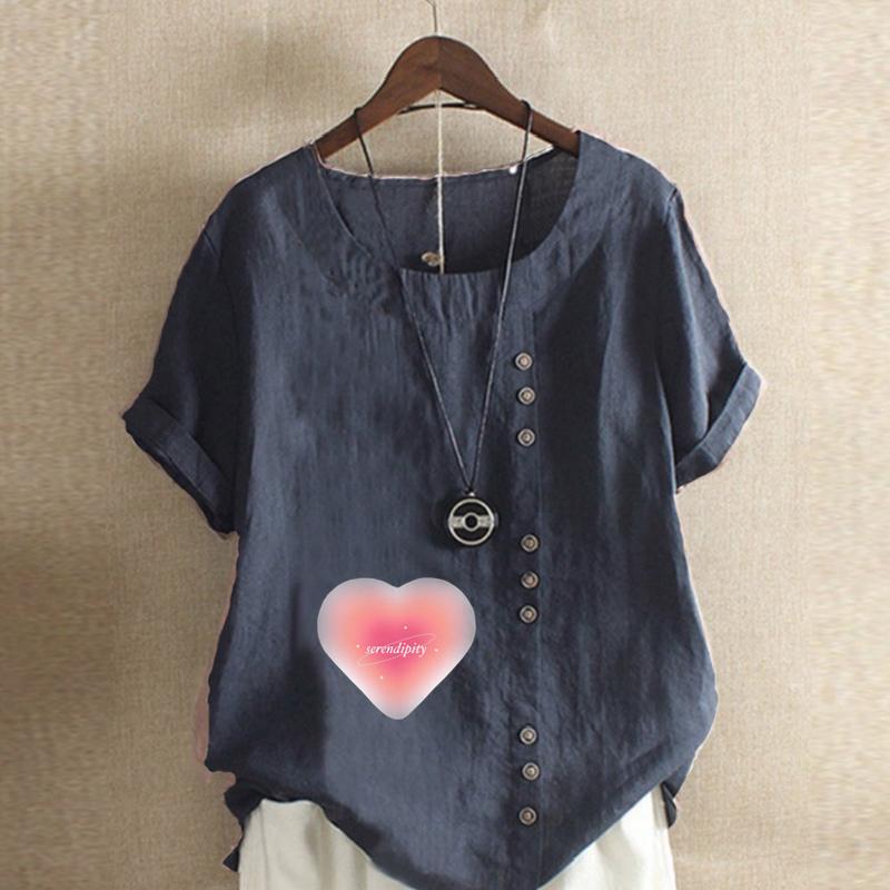 Women's Fashion Round Neck Short Sleeve T-shirt Casual Cotton Linen Graphic Shirt Leisure Loose Pink Love Prined Summer Blouse Tops