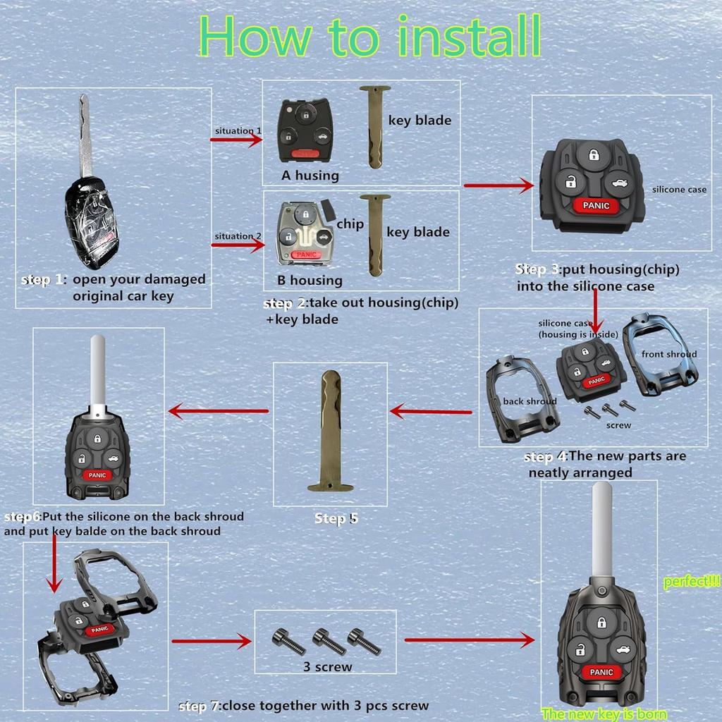 Cutting NOT Required - Upgraded Version Heavy Zinc Alloy Key Fob Shell Case Replacement for Honda Accord Civic EX CR-V Pilot Key Fob Cover (4