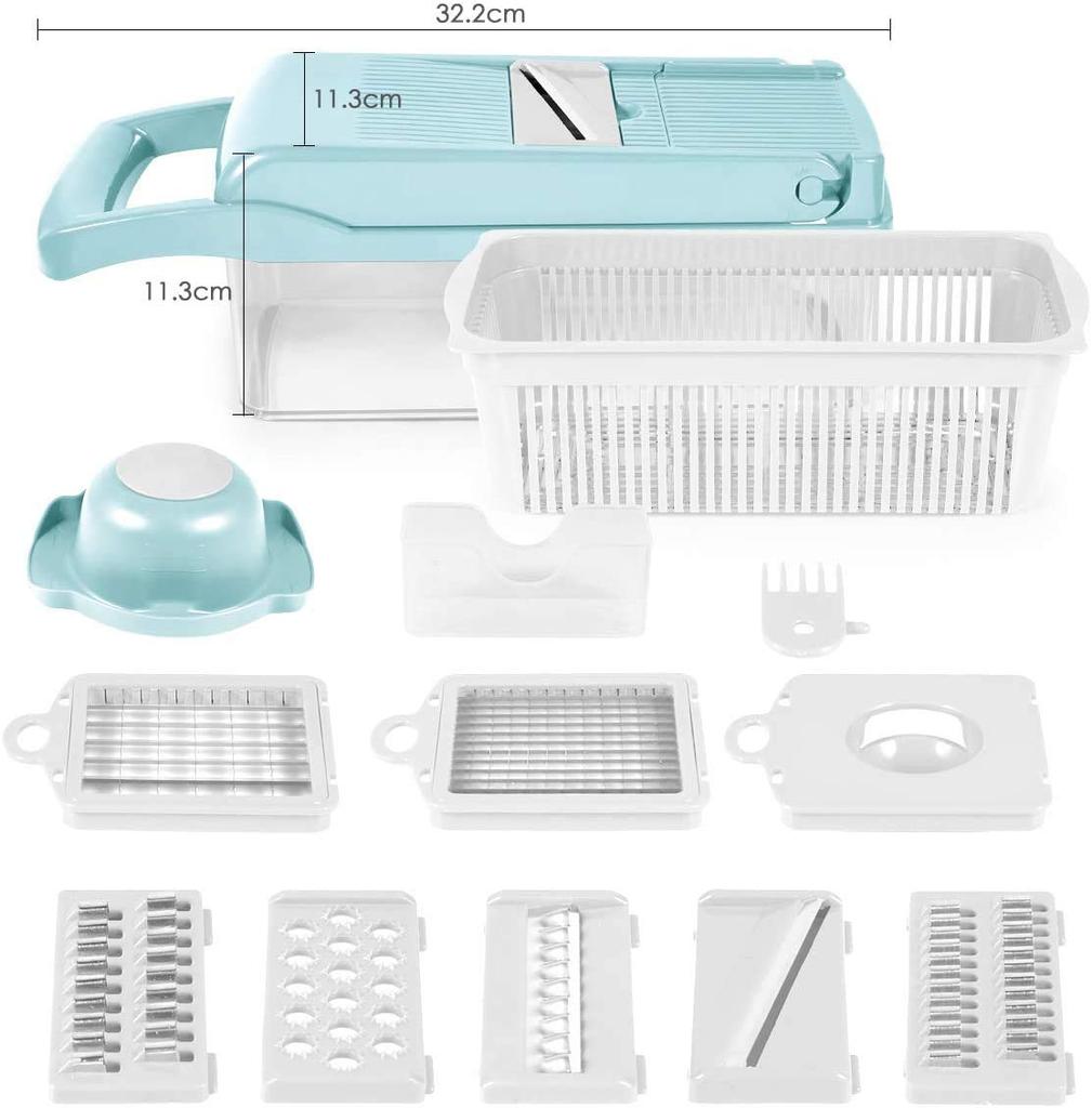Blue Adjustable Mandoline Slicer with Large Food and Fruit Chopper 12-in-1 Bin, Multi-Blade Salad, Potato, Vegetable,
