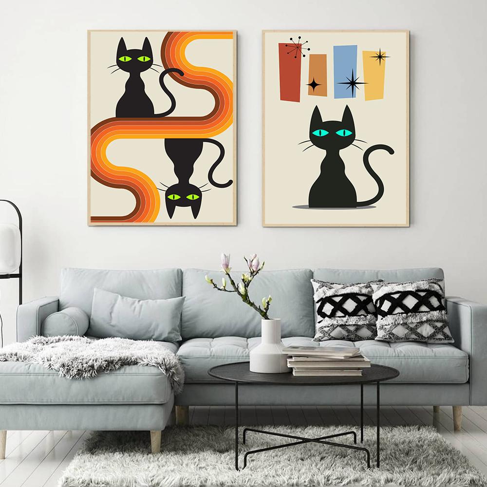 Lustige Katzen Mid Century Poster und Drucke Leinwand Malerei Schwarze Katze Wandbilder für Wohnzimmer Katzenliebhaber Geschenk Home Decoration Kein Rahmen