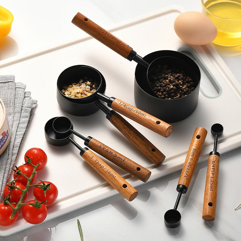 4/8Pcs Wooden Handle Stainless Steel Measuring Cups Spoons Baking Tools Coffee Measuring Spoon Set Bartending Scale Accessories