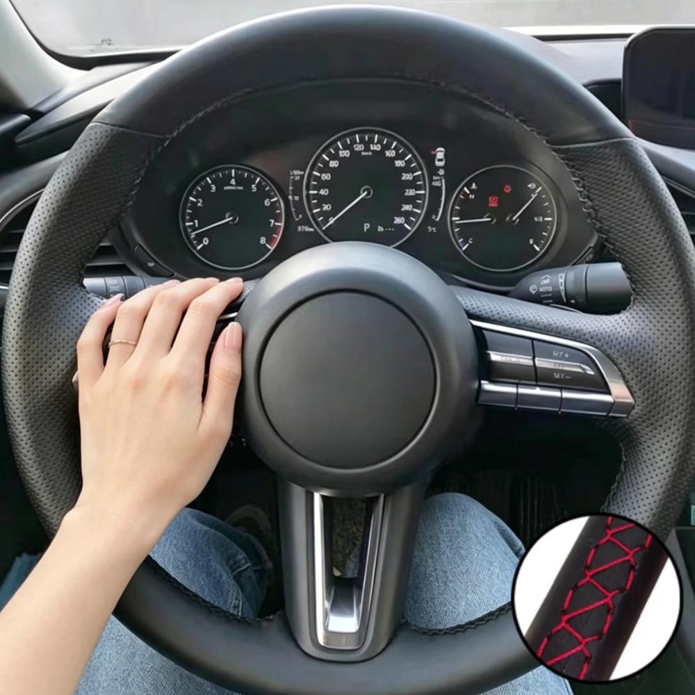 Hand Stitched Wear Resistant Perforated Non-slip Microfiber Leather Steering Wheel Cover For Mazda 3 CX-30 CX30 2020-2023