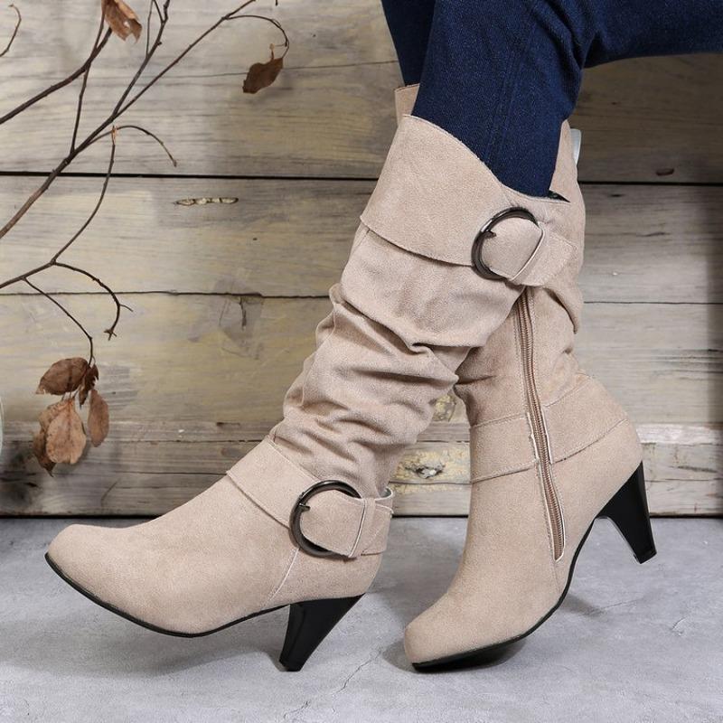 Large Size Kitten and Fashion Boots Autumn and Winter New Tall Tube But Knee Round Head Buckle Belt Women's Boots
