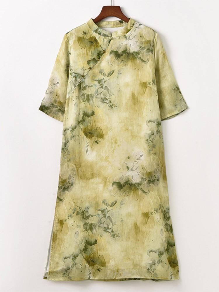 Johnature Chinese Style Ramie High Quality Dress Spring Summer Stand Retro Women A-Line Print Floral Dresses