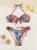 European & American Women's Printed Halter Backless High-Waisted Strappy Drawstring Bikini Swimsuit