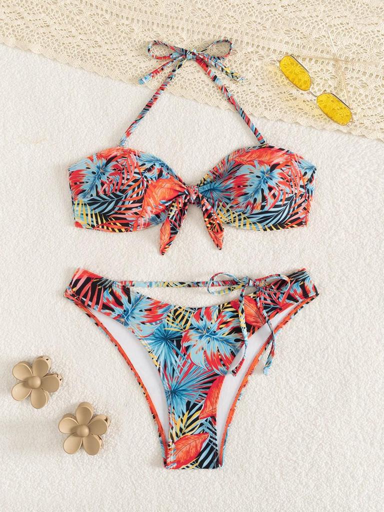 European & American Women's Printed Halter Backless High-Waisted Strappy Drawstring Bikini Swimsuit