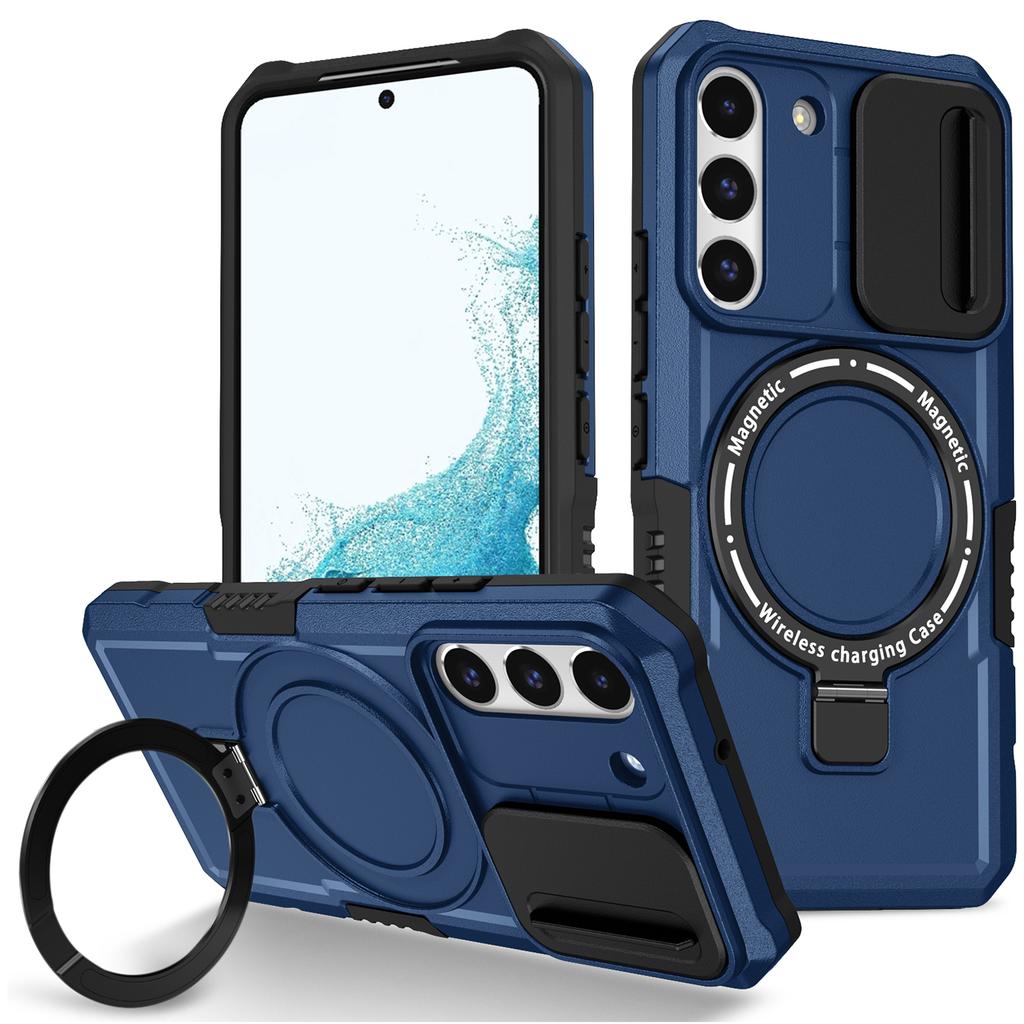 For Samsung Galaxy S22+ 5G Kickstand Case PC+TPU Magnetic Phone Shell with Lens Cover