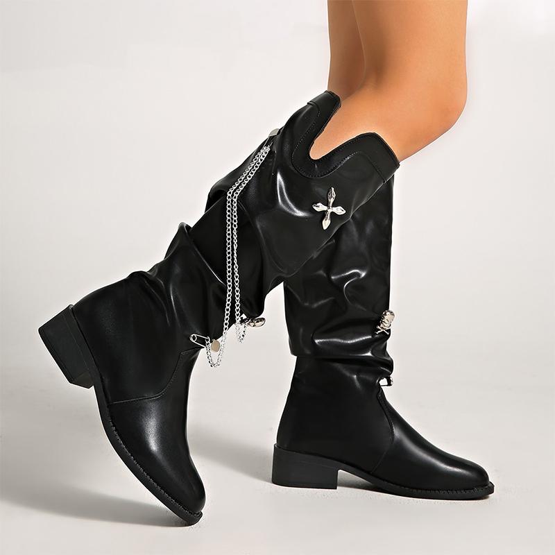 Chain Knee High Women Boots Heeled Shoes Winter Designer Brand Chelsea Long Boots  Sexy Leather Shoes Chunky Mujer Botas