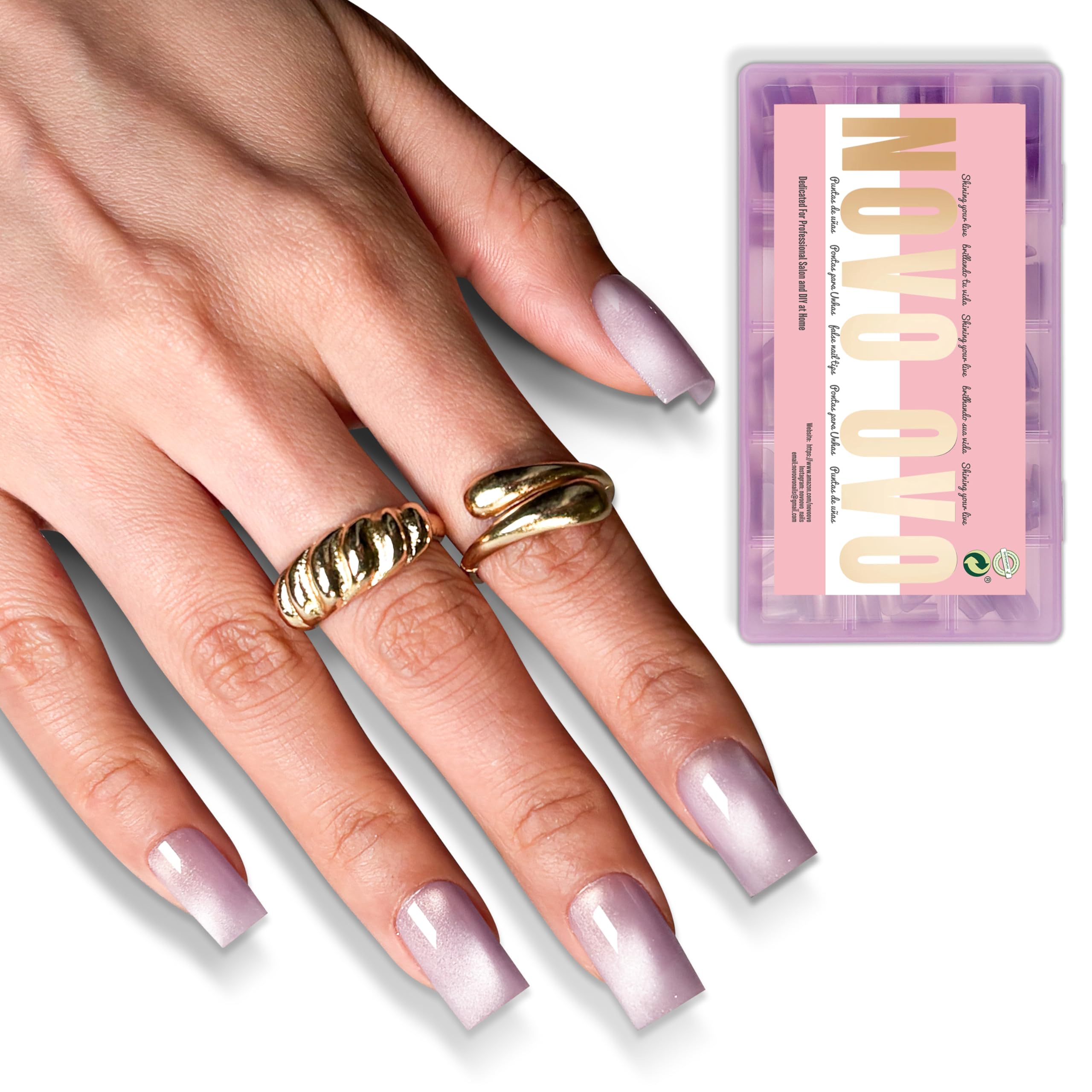 

NOVO Short Sharp Square Cat Eye Nail Tips Light Purple Cat Eye Light Purple Nail Full No for 15 Sizes (150 pieces) - Design, Gel-X Tips, Pre-sanding,