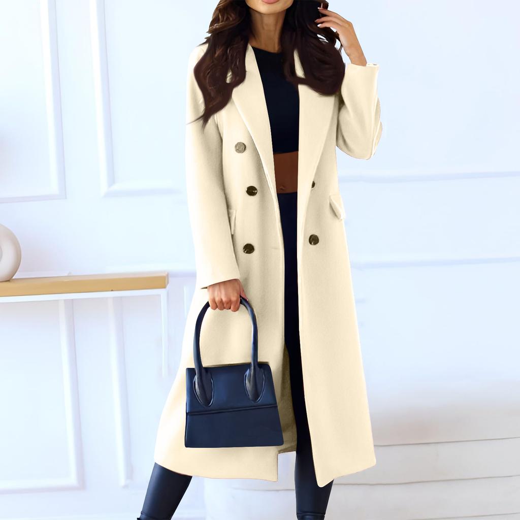 Dámský módní ležérní dlouhý dvouřadý kabát jednobarevný vlněný svrchník