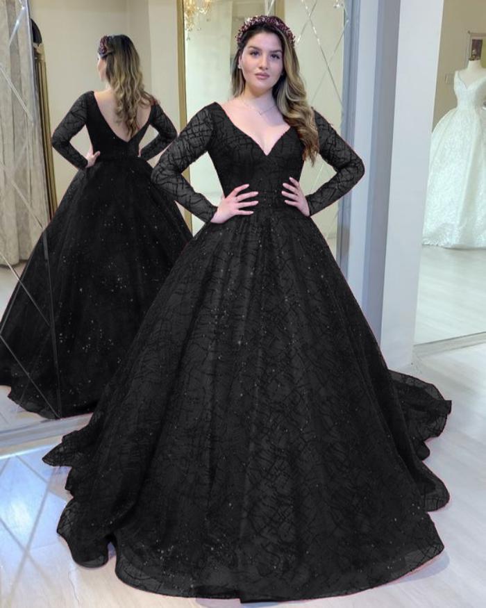Blue Wedding Dress Autumn and Winter New Long-sleeved Bead Sequined Big Swing Dress Sexy V-neck Banquet Dress New