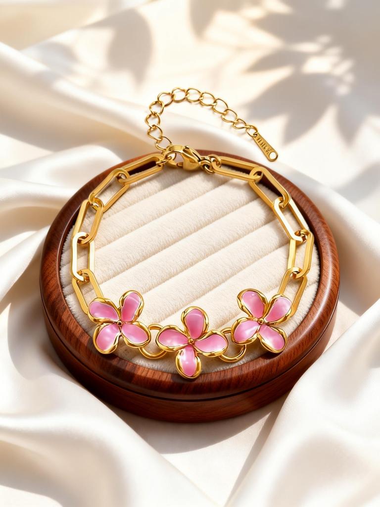 Luxuriöses Rosa Blumenarmband für Damen Mädchen Süß Verstellbare Gliederkette Florale Armbänder Goldfarben Anhänger Schmuck Geschenk