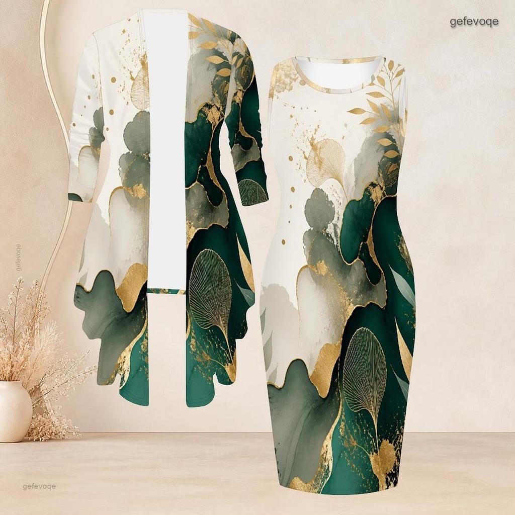 Women Plus Size Two Piece Set Round Neck Sleeveless Bodycon Dress Three Quarter Sleeve Blue Printed Open Cardigan