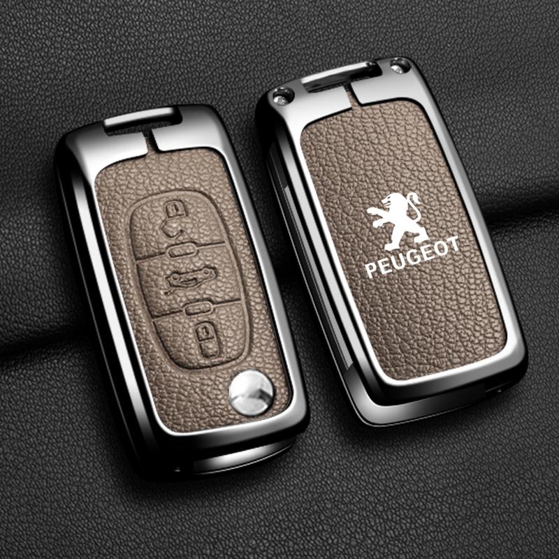 

2026 Hot Car Sticker Alloy Leather Car Flip Remote Key Case Fob Cover Holder Shell for Peugeot 207 307 308 407 607 807 Protector