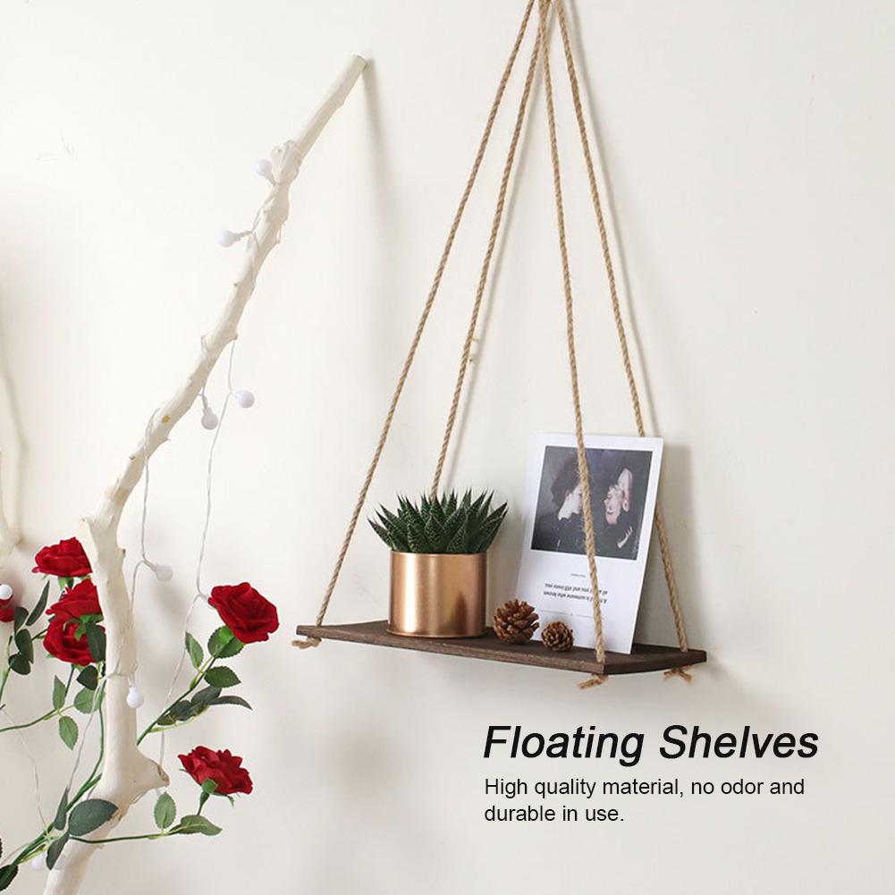 2pcs Wooden Wall Storage Rack Sling Rope Hanging Plant Flower Pot Shelves Home Decorations